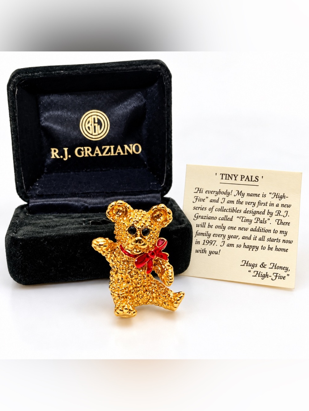 R.J. Graziano Tiny Pals High Five Bear Brooch 1997 Gold Tone Kitsch Vintage